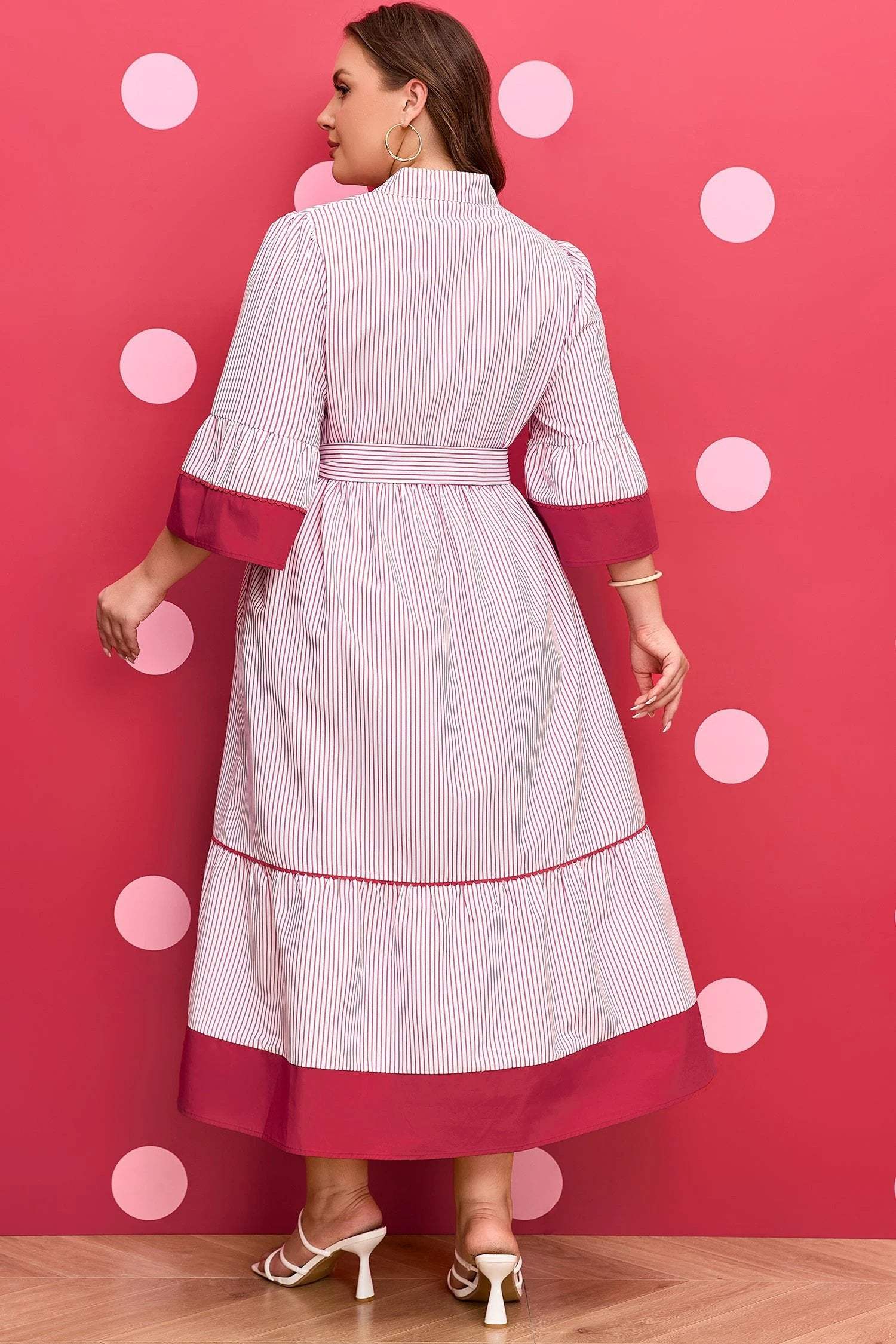red stripe plus size ruffled hem pinstriped midi dress for women casual everyday outfit