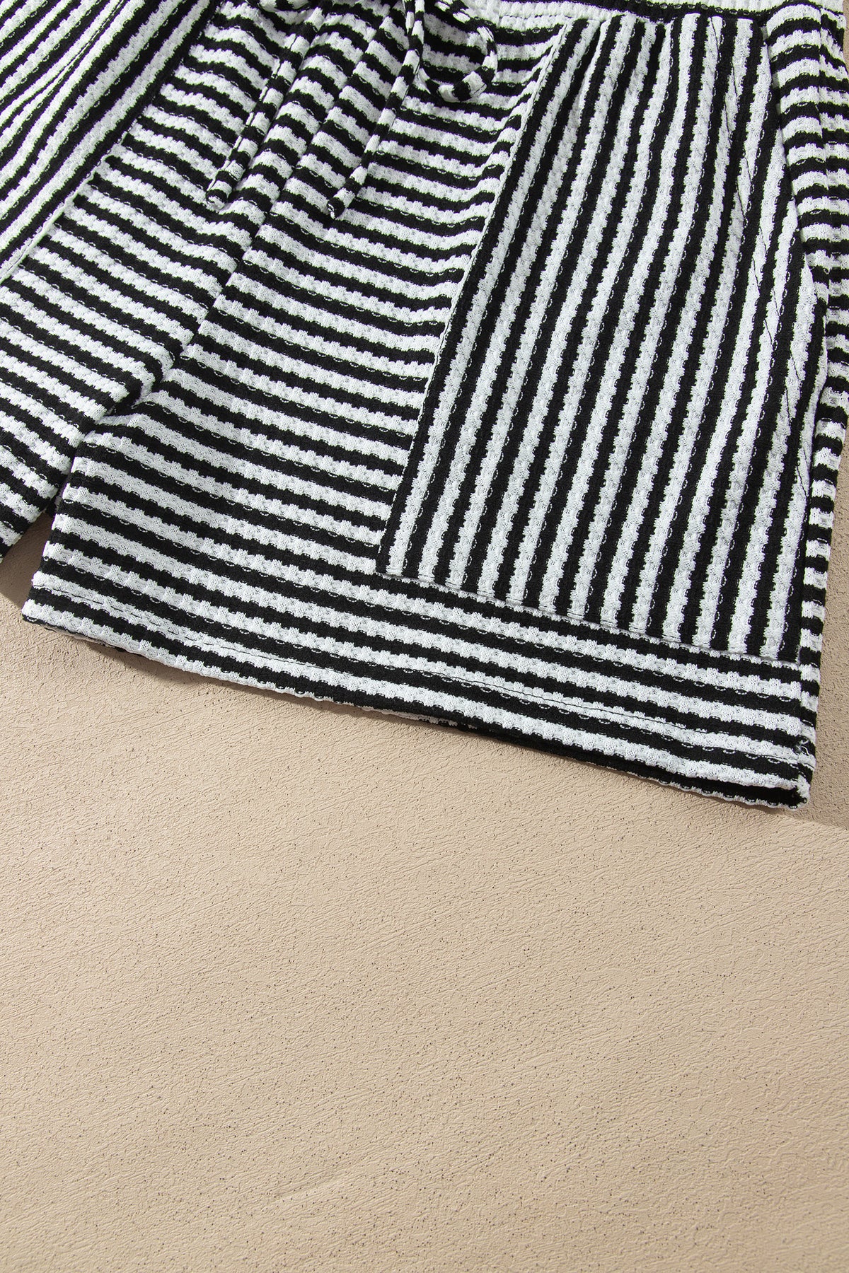 Brown Stripe Textured Knit Long Sleeve Top Elastic Waist Shorts Casual Outfit