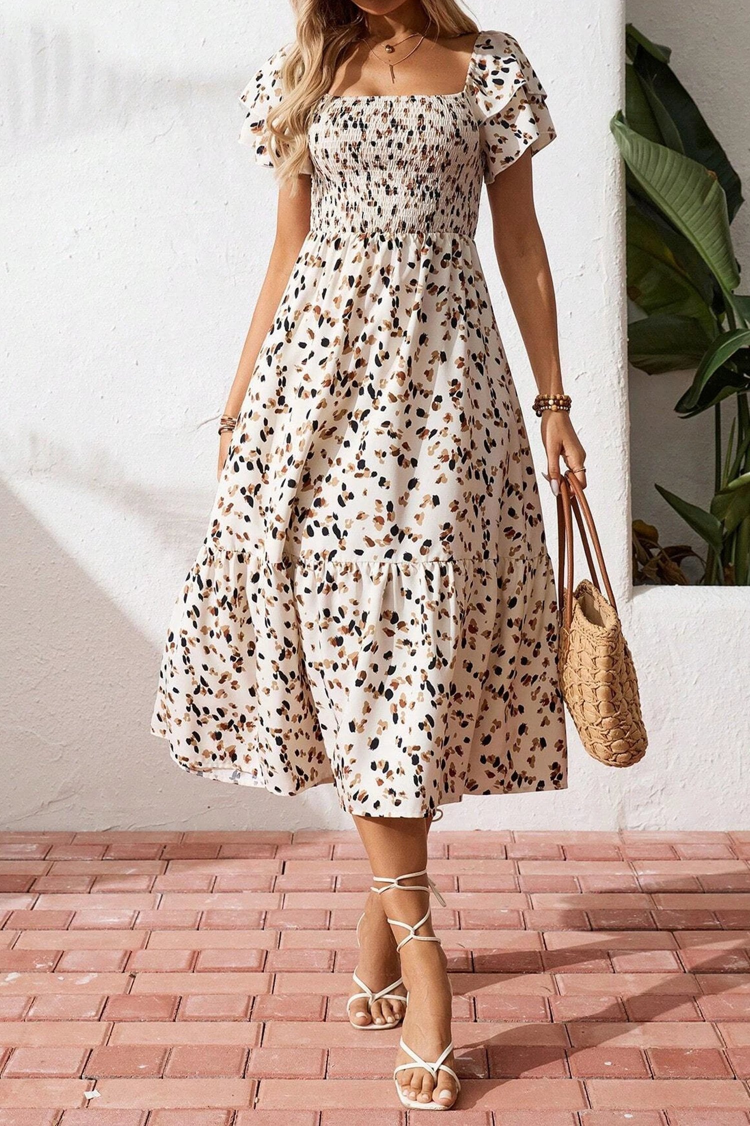 beige ditsy floral print smocked square neck ruffle short sleeve dress for women casual everyday outfit