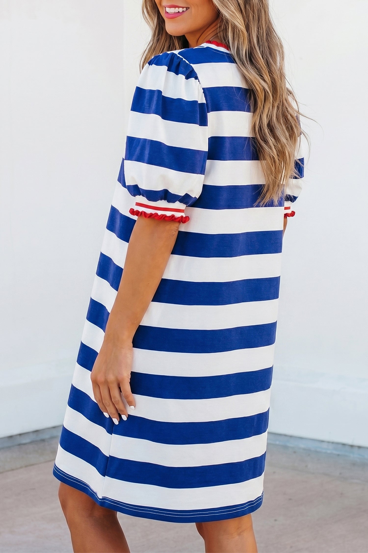 Coastal Confidence | Striped Round Neck Puff Sleeve Mini Dress With Contrast Trim