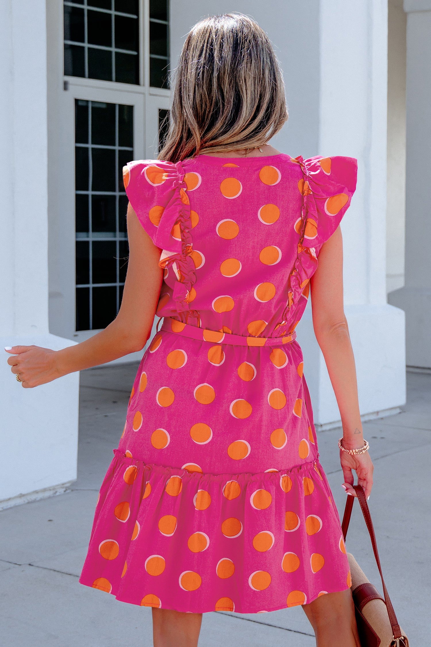 Double Polka Dot V-Neck Ruffled Short Sleeve Dress — everyday dress for women | J&H Apparel