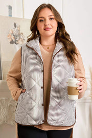 Plus size striped quilted vest with wavy hem and snap buttons