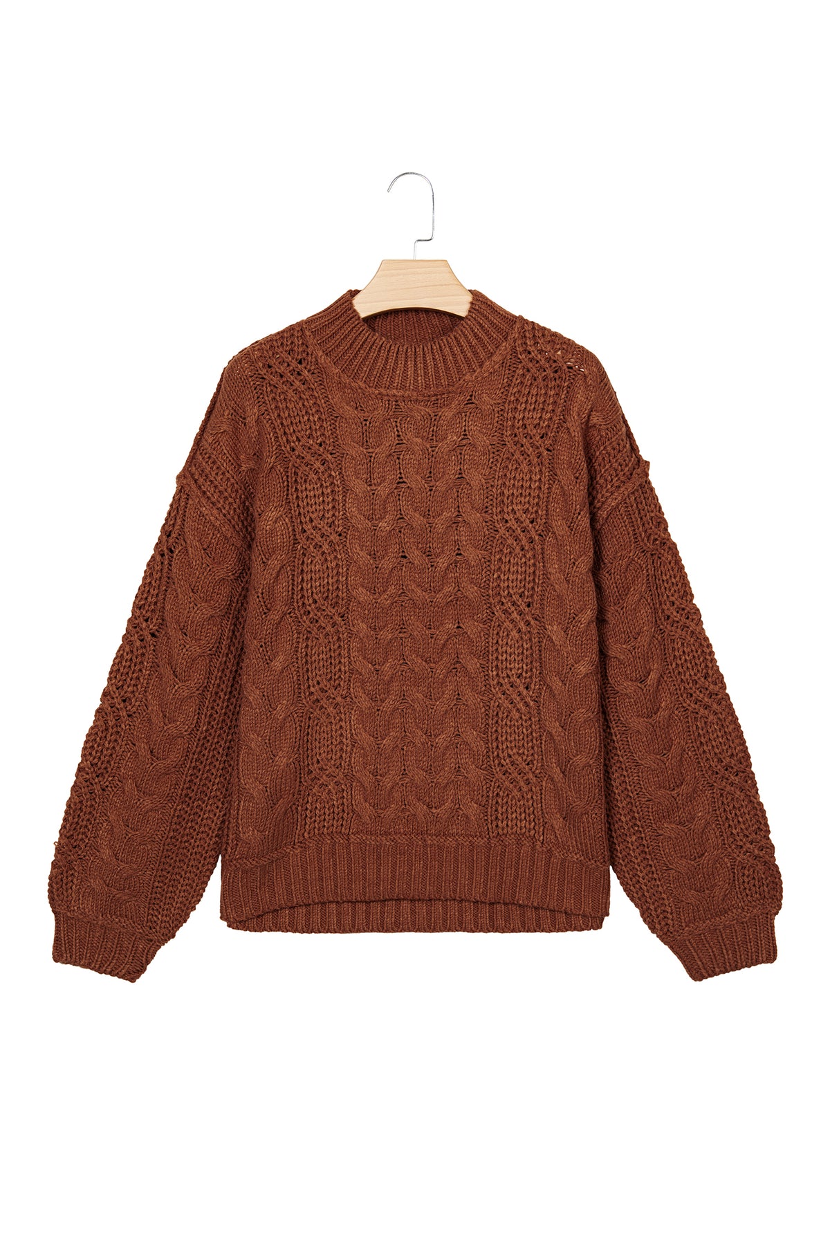 Coffee Solid Color Cable Knit High Neck Loose Pullover Sweater