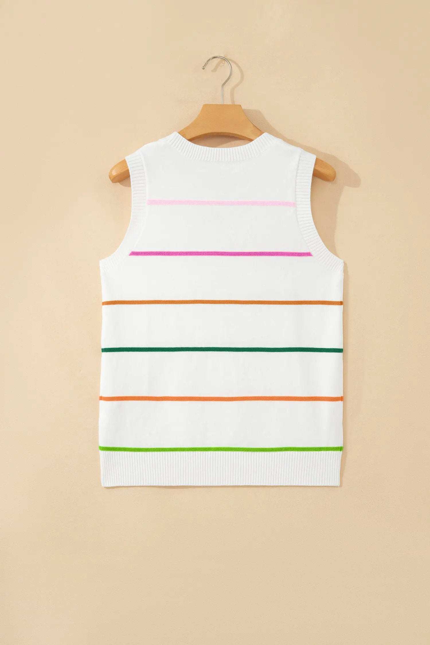 Stripe round-neck knit sleeveless tank with bold color-block stripes and relaxed fit