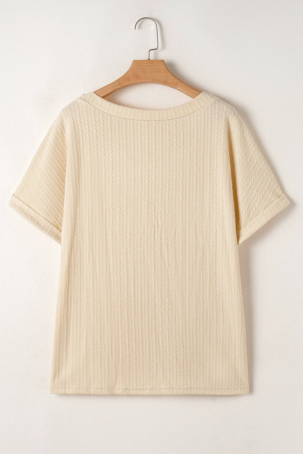 beige lace crochet patched cable textured cuffed short sleeve plus size top for women casual everyday outfit