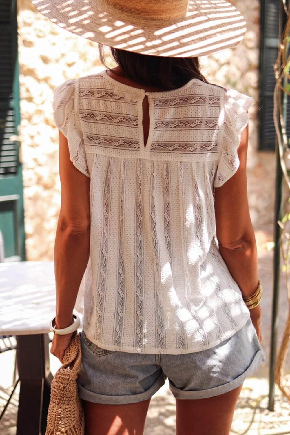 Ruffled lace flowy tank top with boho details and delicate trim