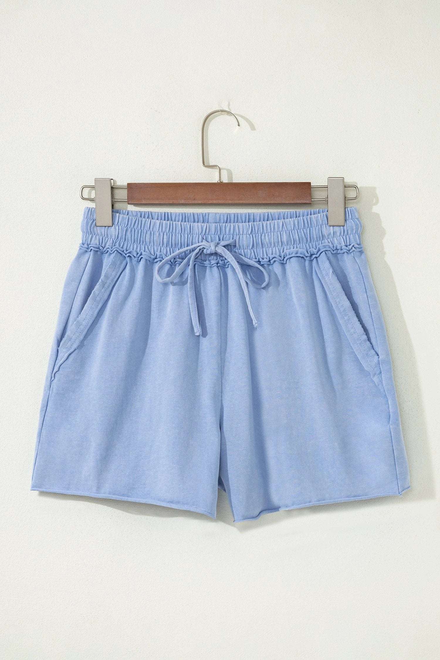 sea green mineral washed drawstring elastic waist raw cut shorts for women casual everyday outfit