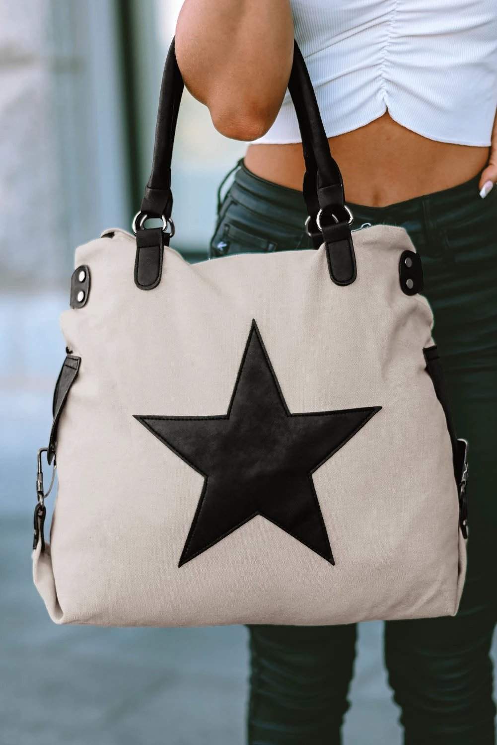 beige casual five-pointed star canvas tote bag for women casual everyday outfit