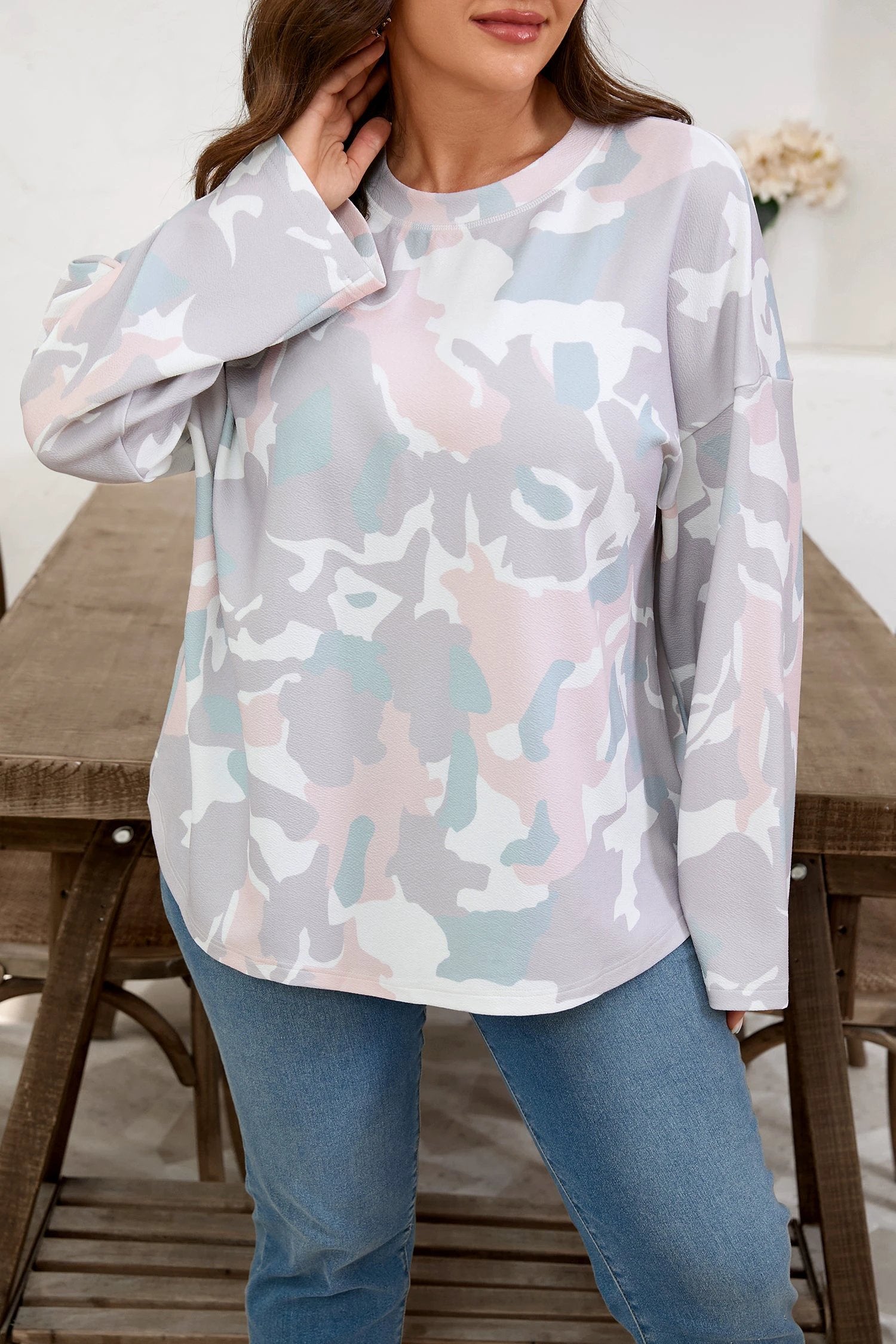 green plus size camouflage print drop shoulder loose pullover top for women casual everyday outfit
