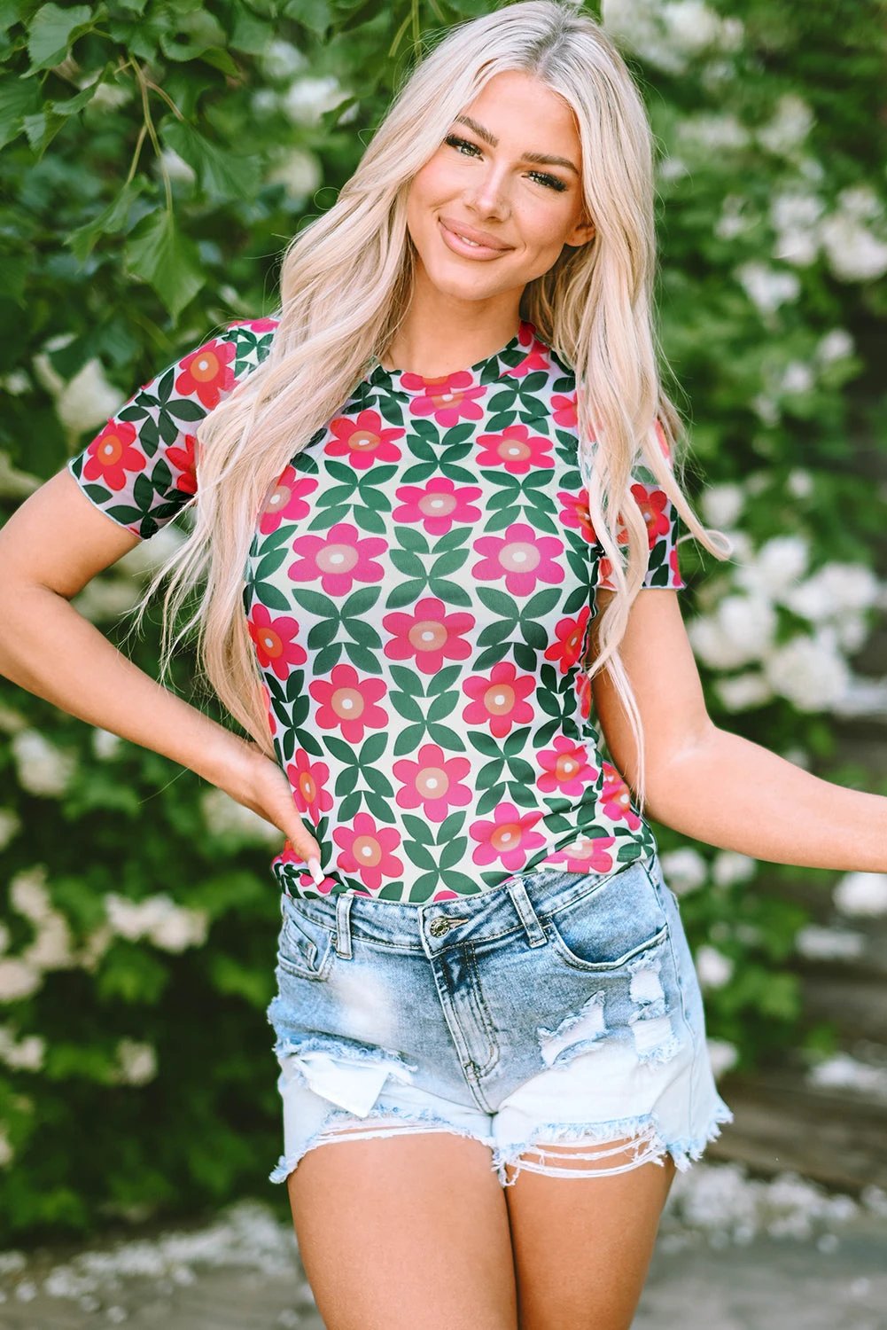 fiery red retro floral print crew neck t shirt for women casual everyday outfit