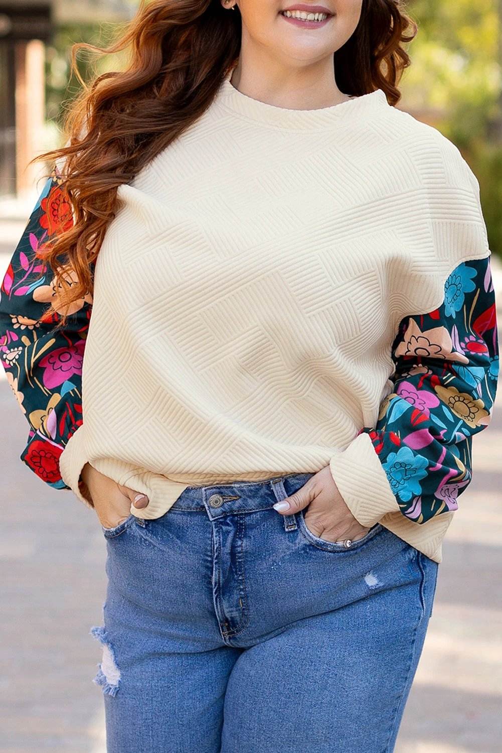 Dear-Lover Dropshipping White Floral Patchwork Sleeve Textured Plus Size Pullover Top - Plus Size/Plus Size Tops/Plus Size Long Sleeve Tops