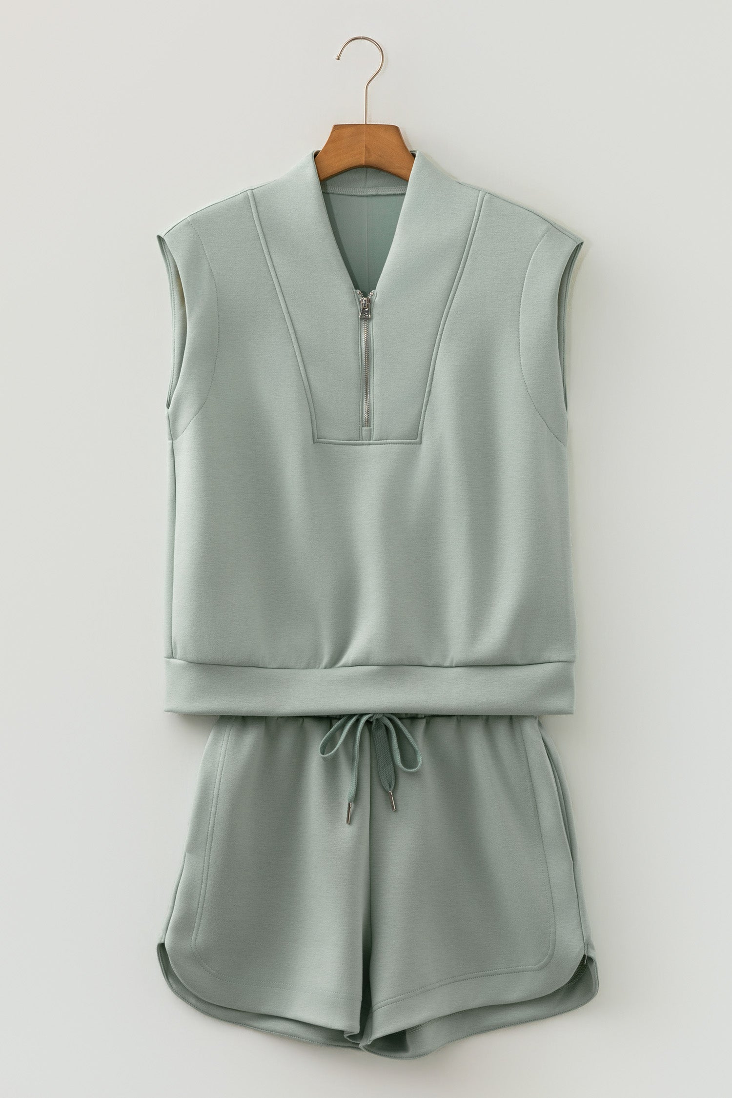 Quarter Zip Sleeveless Top Drawstring Shorts Casual Two-Piece Outfit — women's everyday bottoms | J&H Apparel