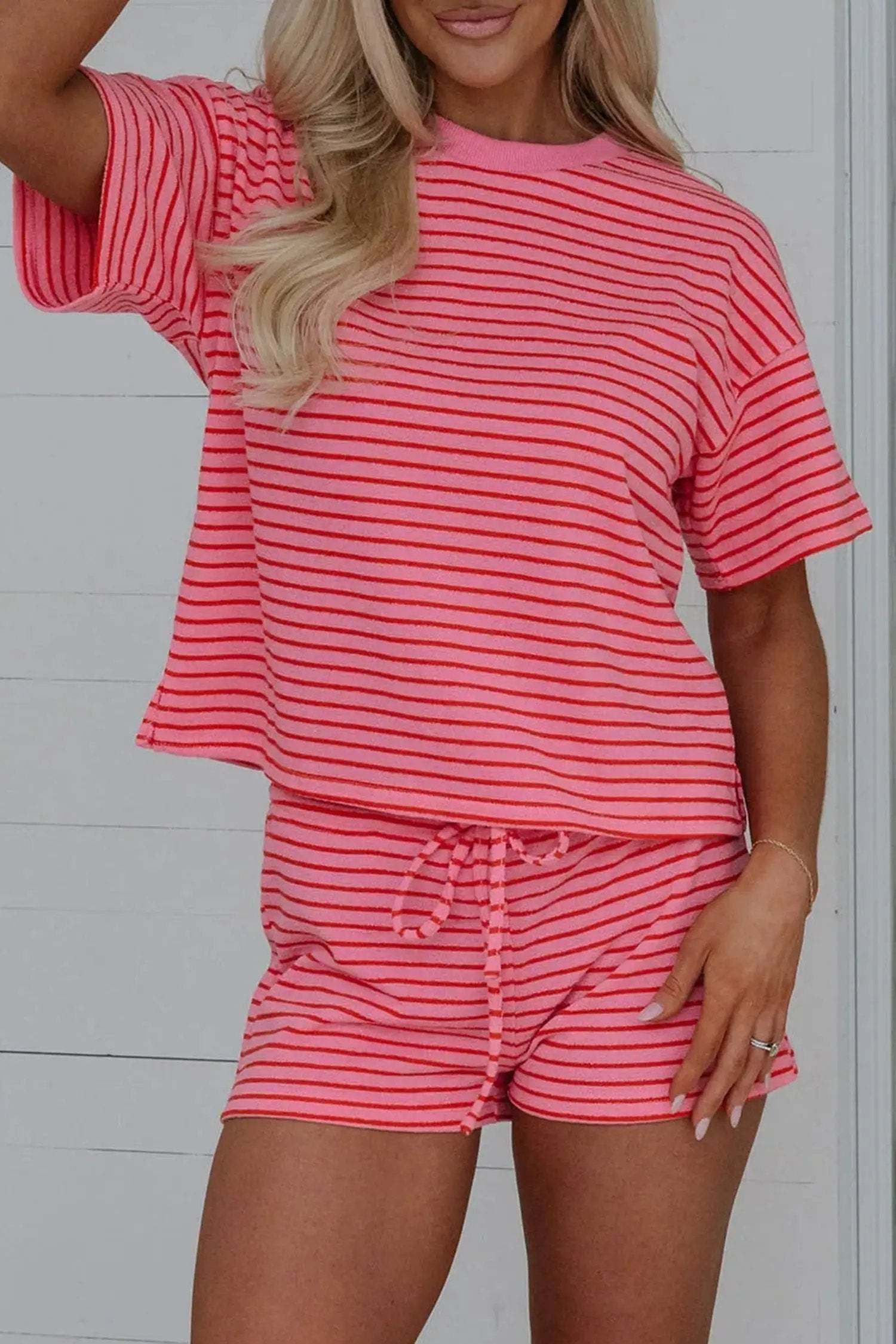 Stripe Knit Matching Set with tee, drawstring shorts, and side split detail