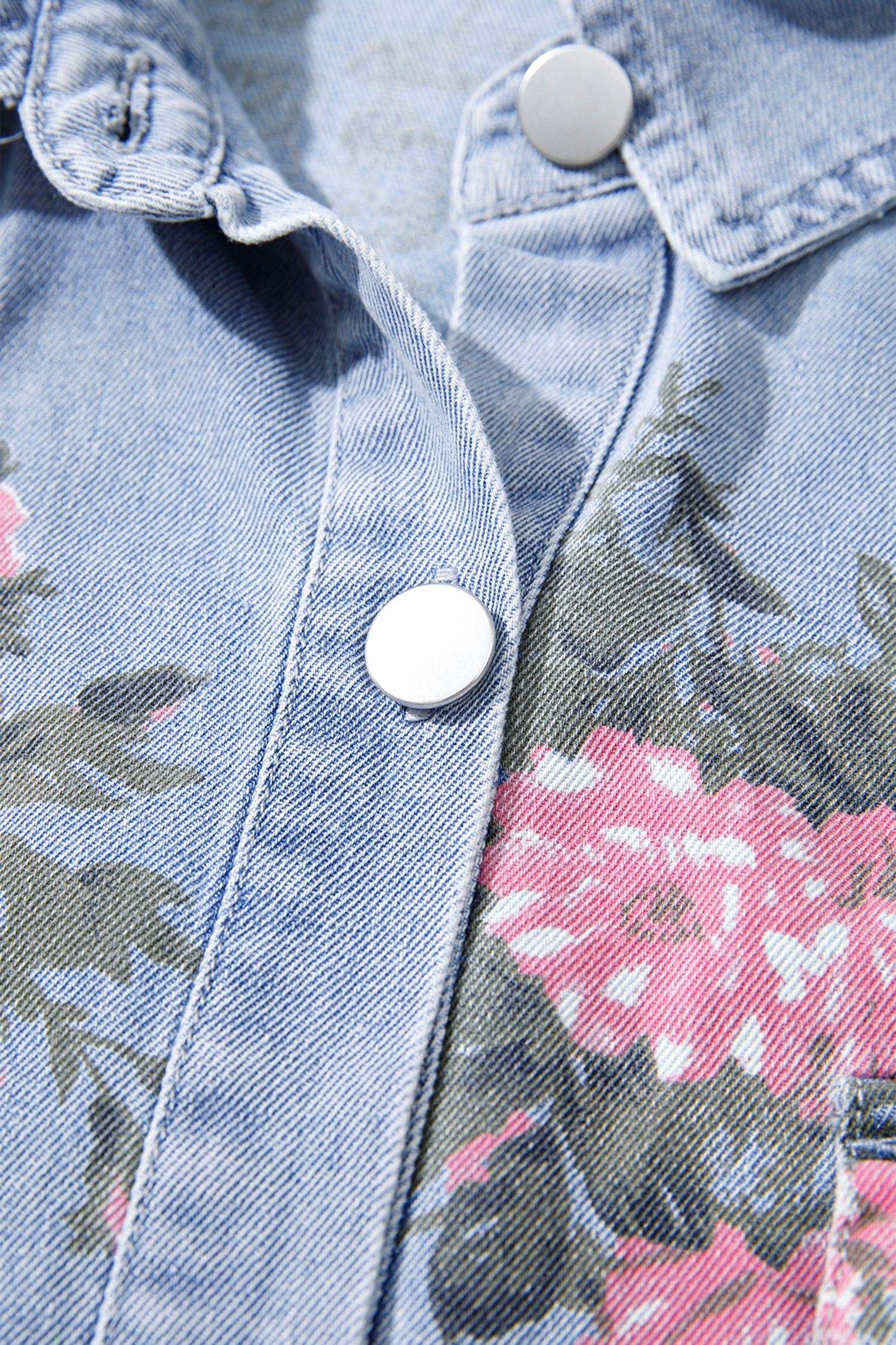 Denim Floral Print Cuffed Short Sleeve Button-Down Shift Dress — everyday dress for women | J&H Apparel