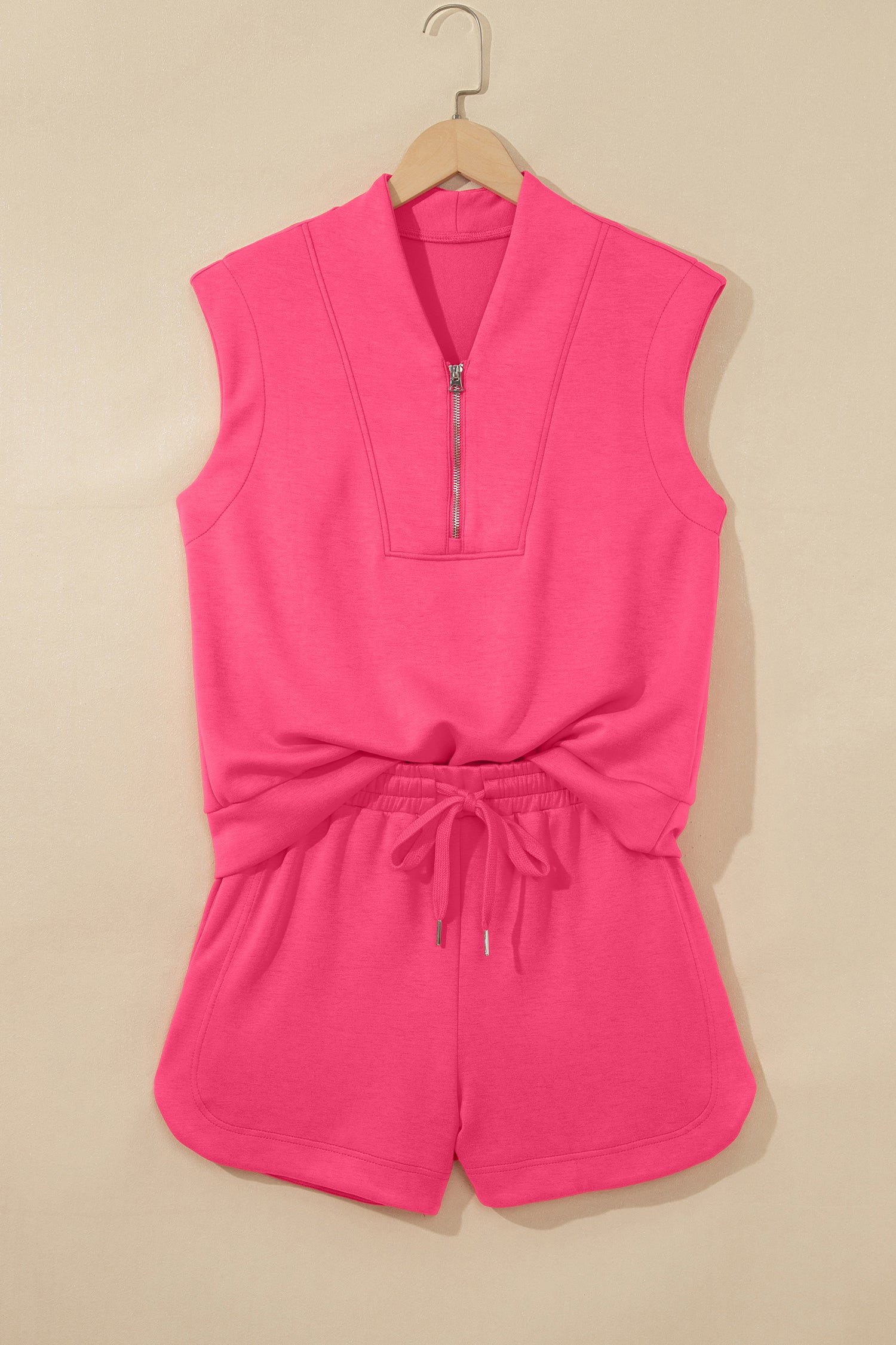 Quarter Zip Sleeveless Top Drawstring Shorts Casual Two-Piece Outfit — women's everyday bottoms | J&H Apparel