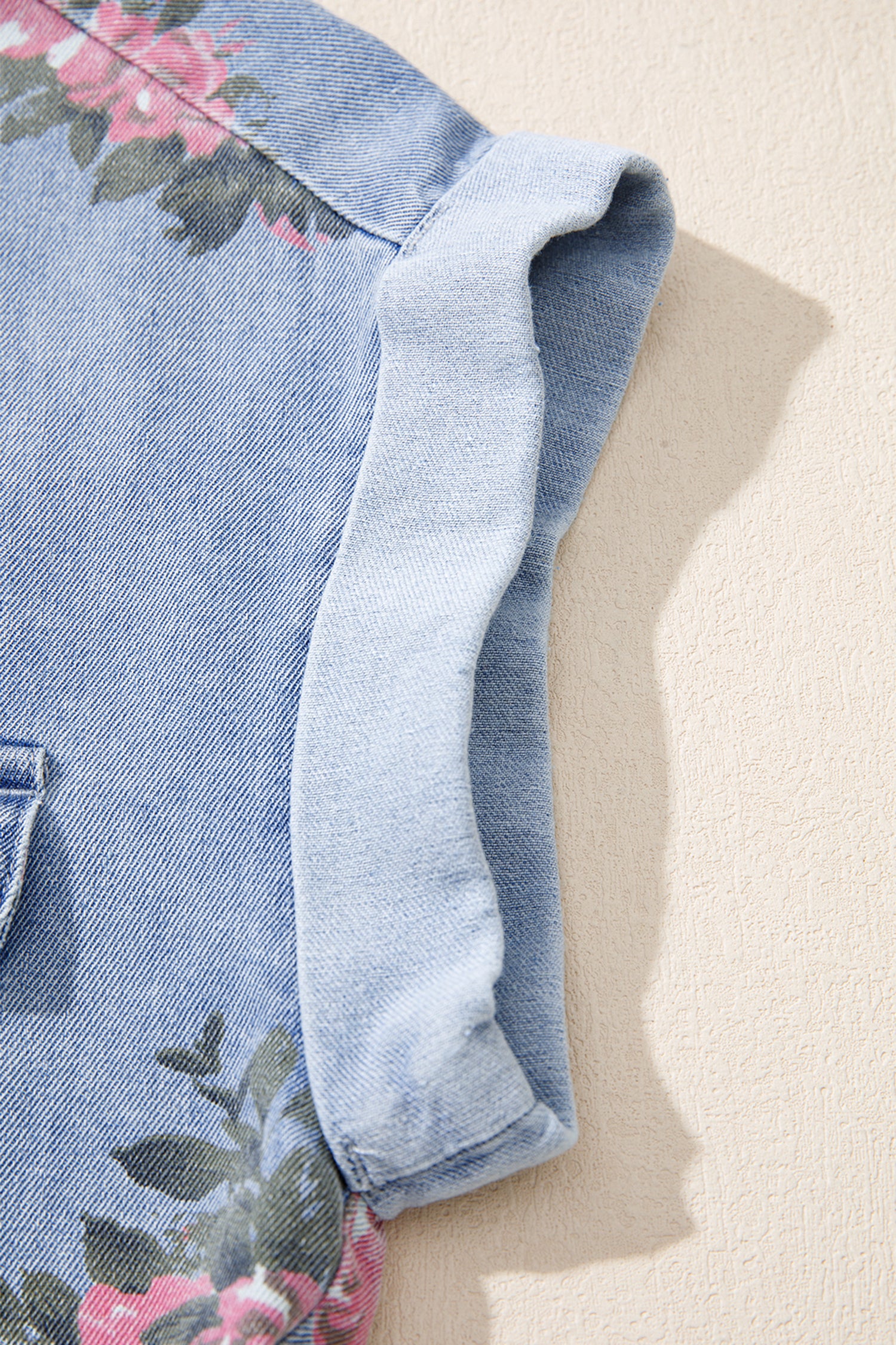 Denim Floral Print Cuffed Short Sleeve Button-Down Shift Dress — everyday dress for women | J&H Apparel