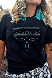 Black Western Geometric Embroidered Tee with teal embroidery and relaxed fit