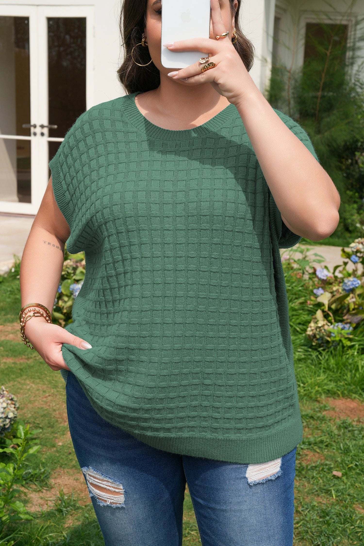 mist green plus size solid color textured knit short sleeve sweater for women casual everyday outfit