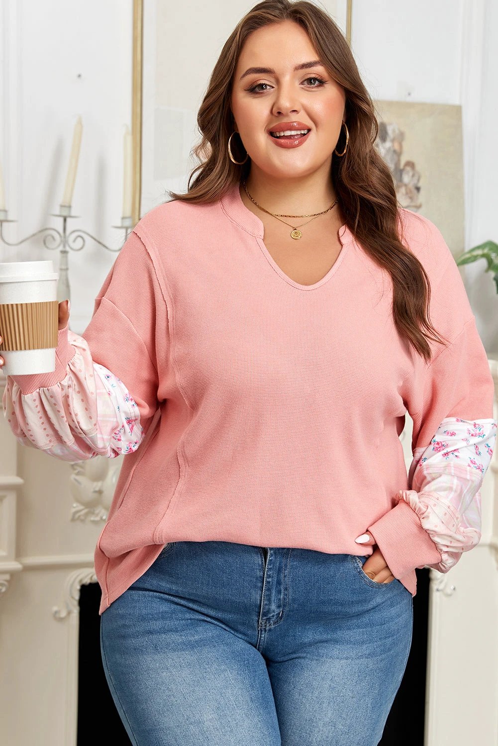 pink floral sleeve patchwork waffle knit notched v neck plus size top for women casual everyday outfit