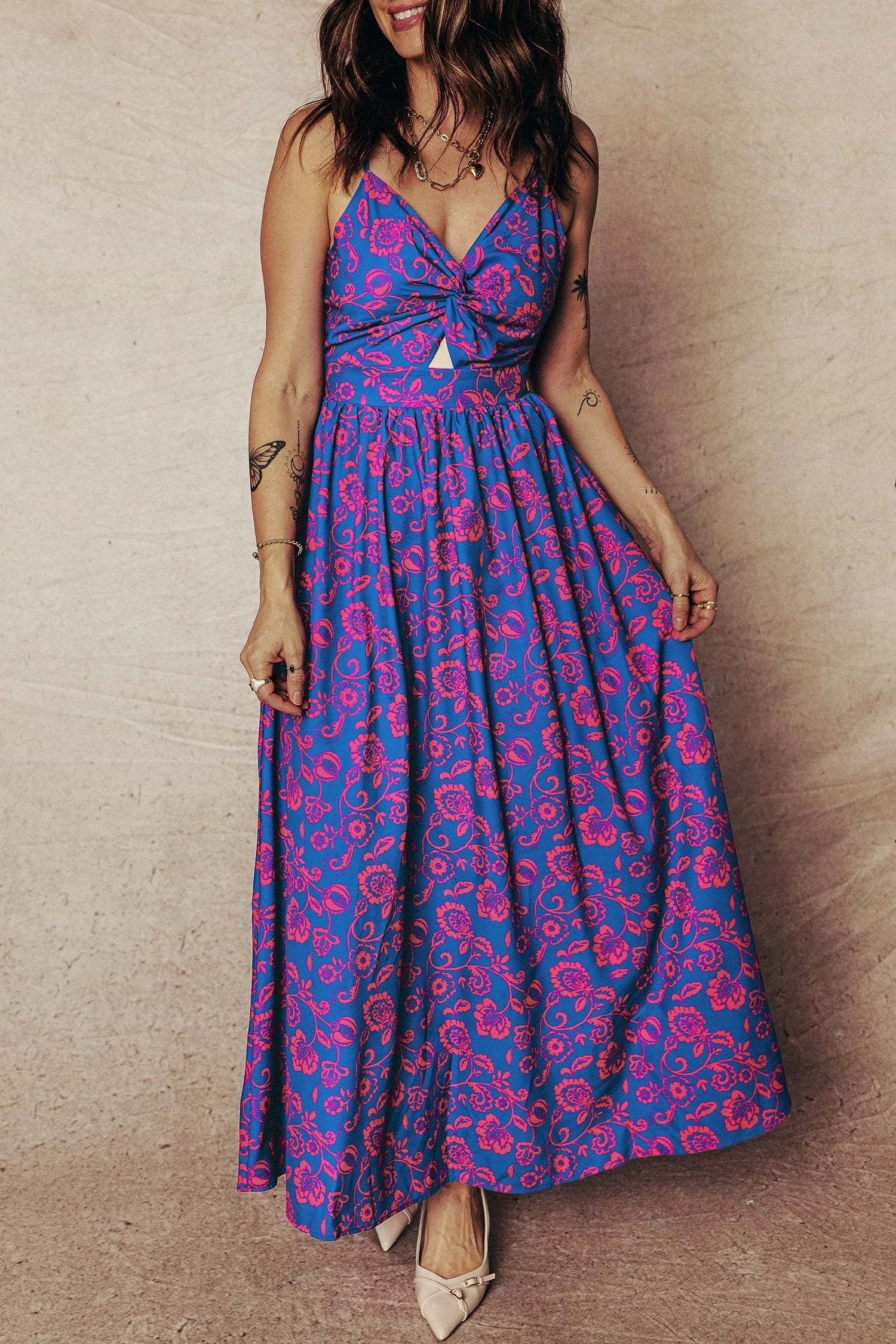 blue floral print twisted v neck tied backless maxi dress for women casual everyday outfit