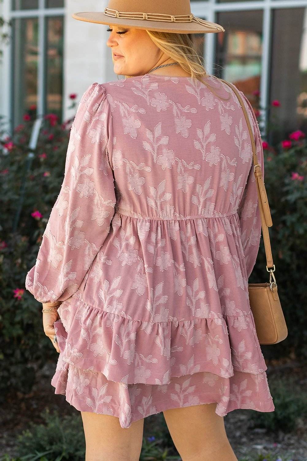 Plus size Weekend Pretty floral surplice V neck tiered ruffled mini dress in peach blossom print