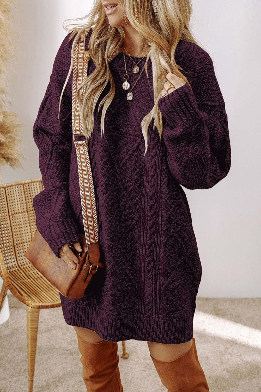 Cable Knit Drop-Shoulder Loose Fit Sweater Dress