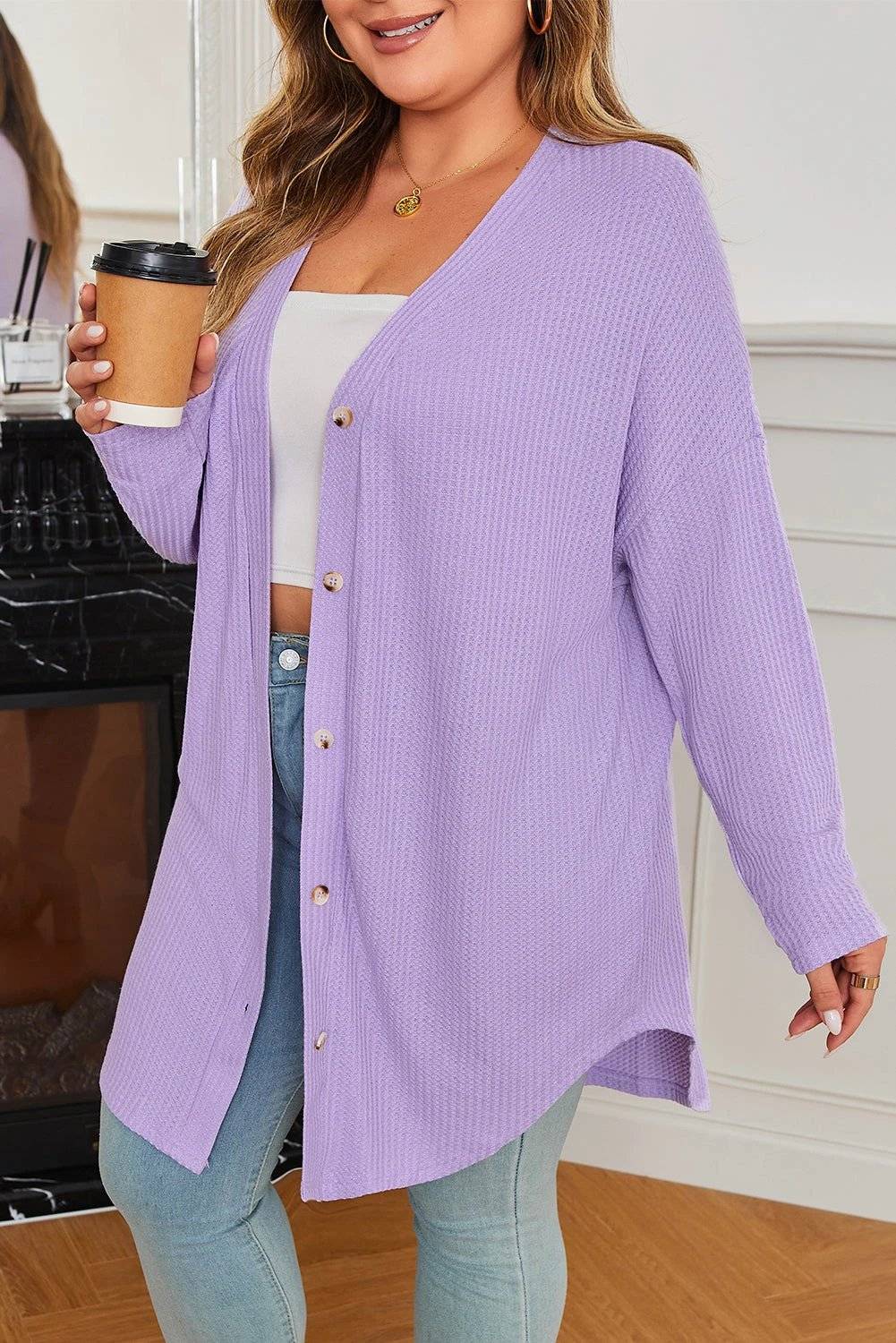 Plus size waffle knit lavender button-front cardigan with longline relaxed fit and pearlescent buttons