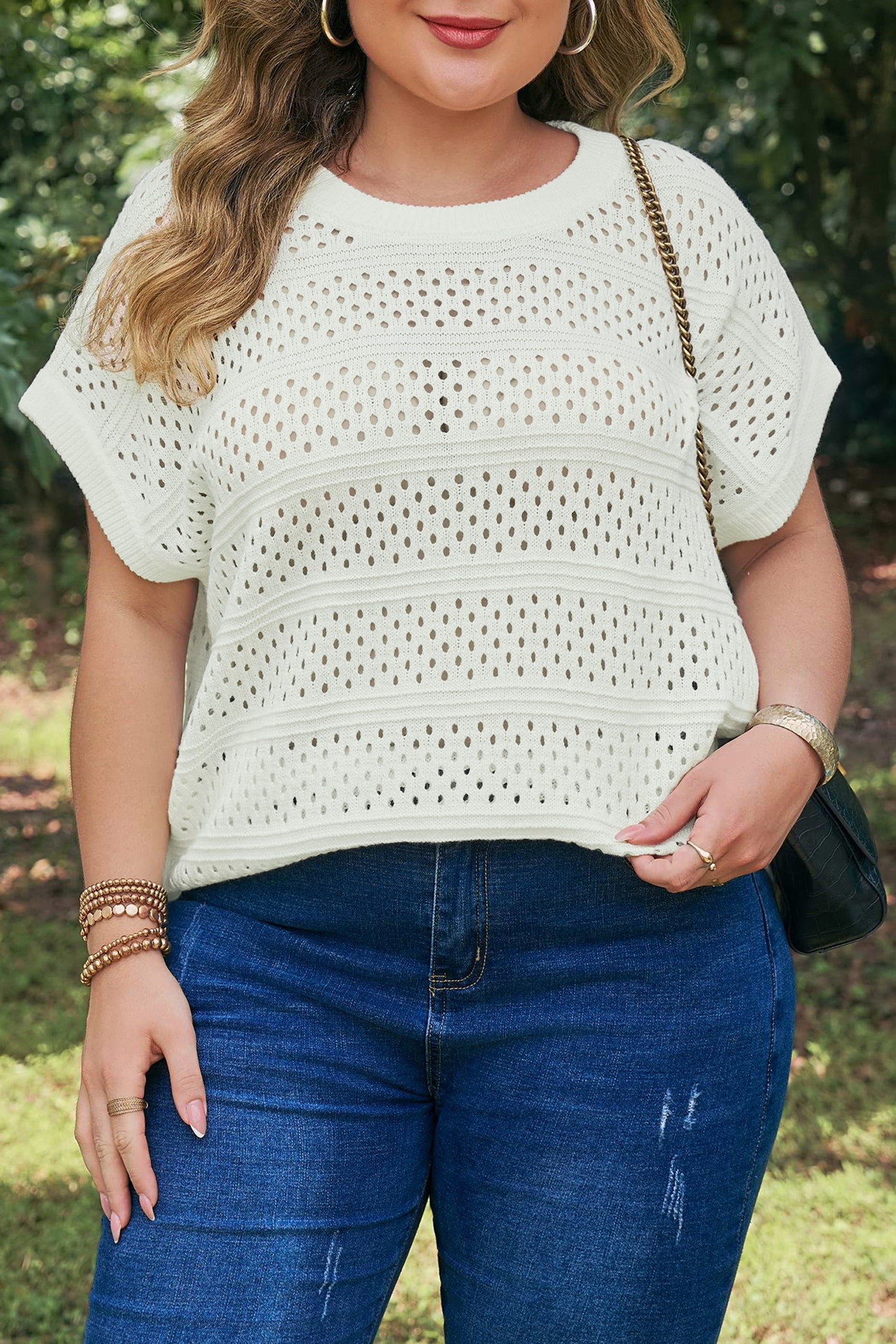 Plus Size Eyelet Hollow Out Knit Ribbed Trim Short Sleeve Dolman Sweater — women's everyday bottoms | J&H Apparel