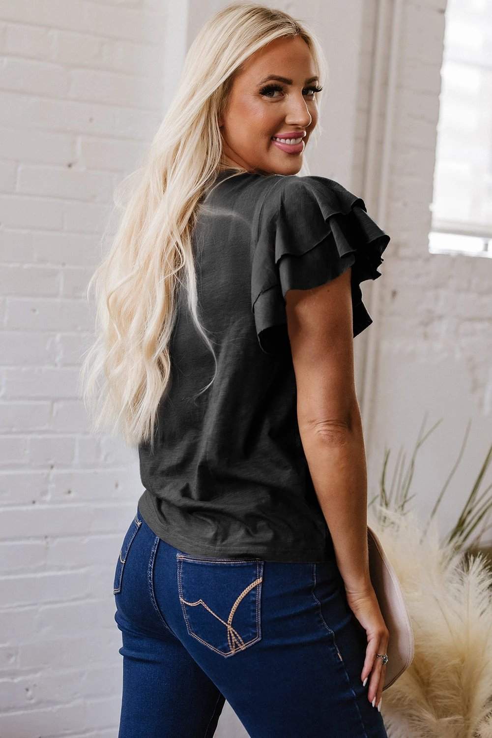 white layered ruffle short sleeve round neck top for women casual everyday outfit