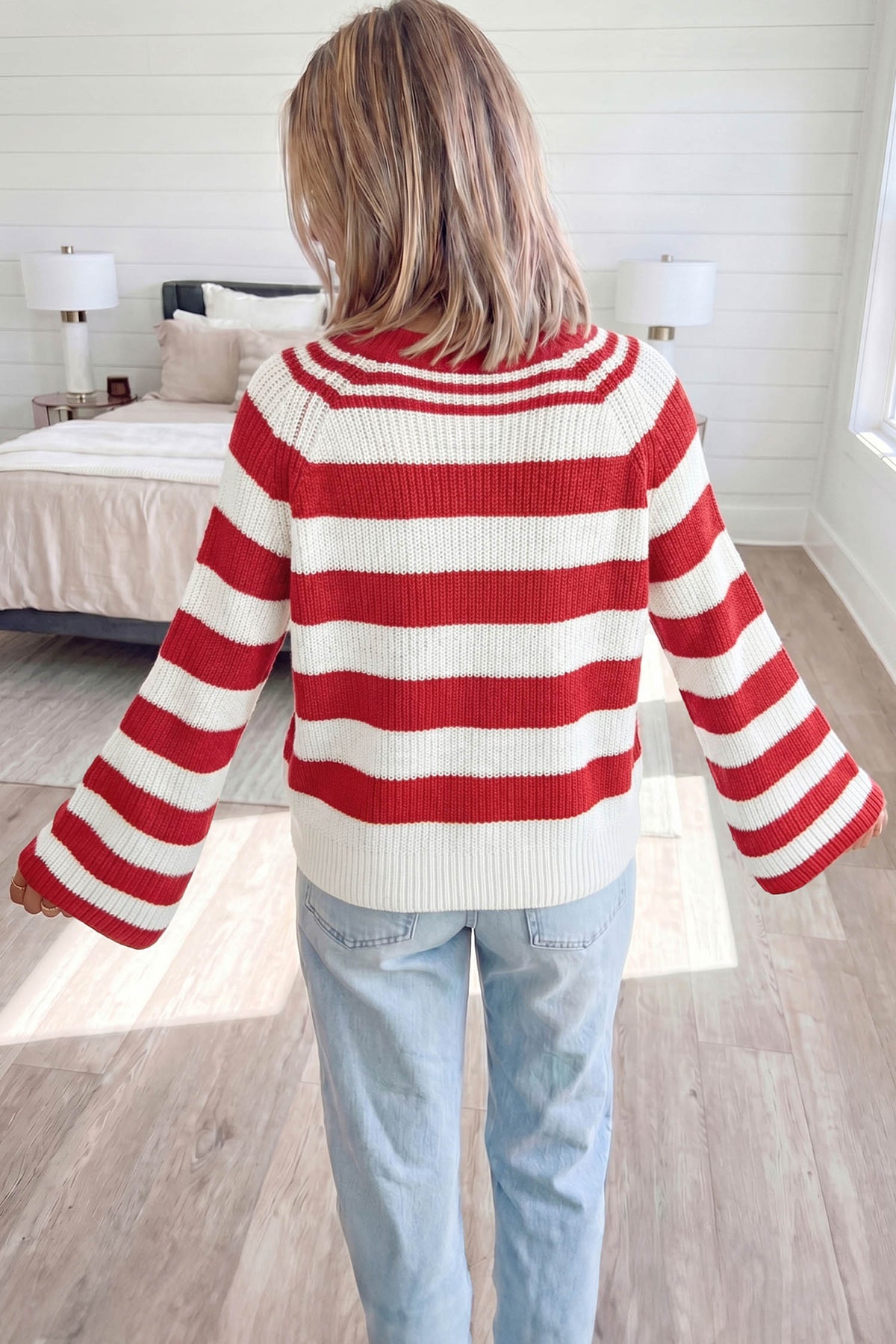 Stripe Striped Color Block V-Neck Long Sleeve Shift Sweater