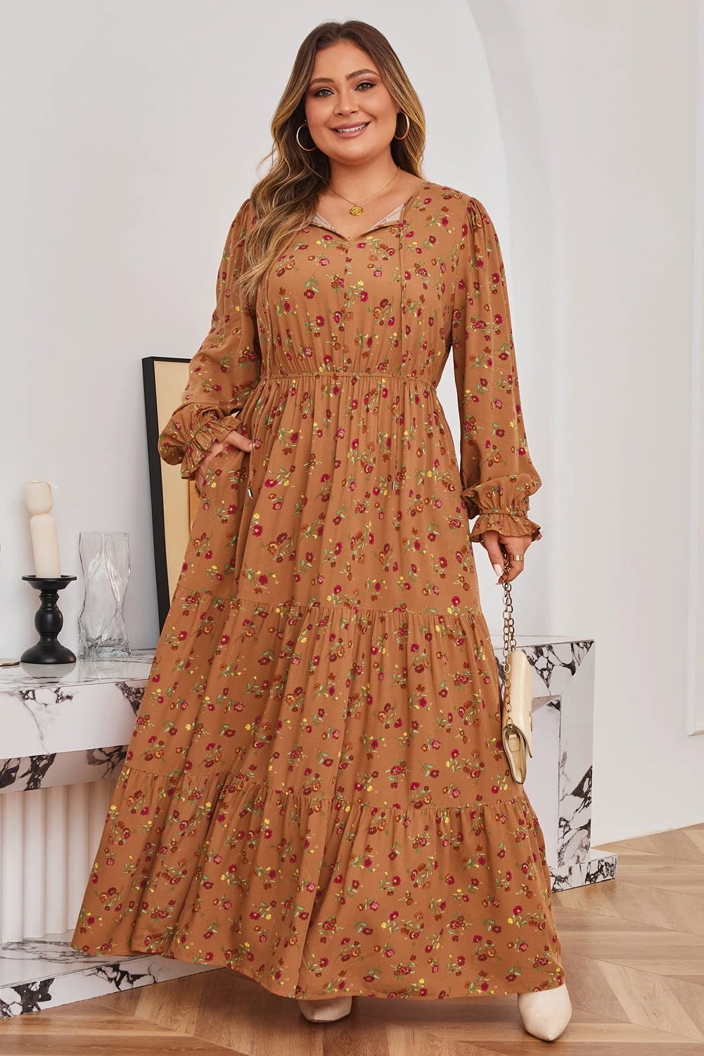 brown plus size floral split v neck ruffled sleeve tiered maxi dress for women casual everyday outfit