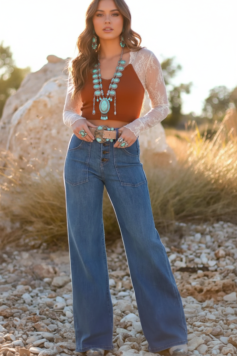 Multi Buttons High-Waisted Wide-Leg Jeans