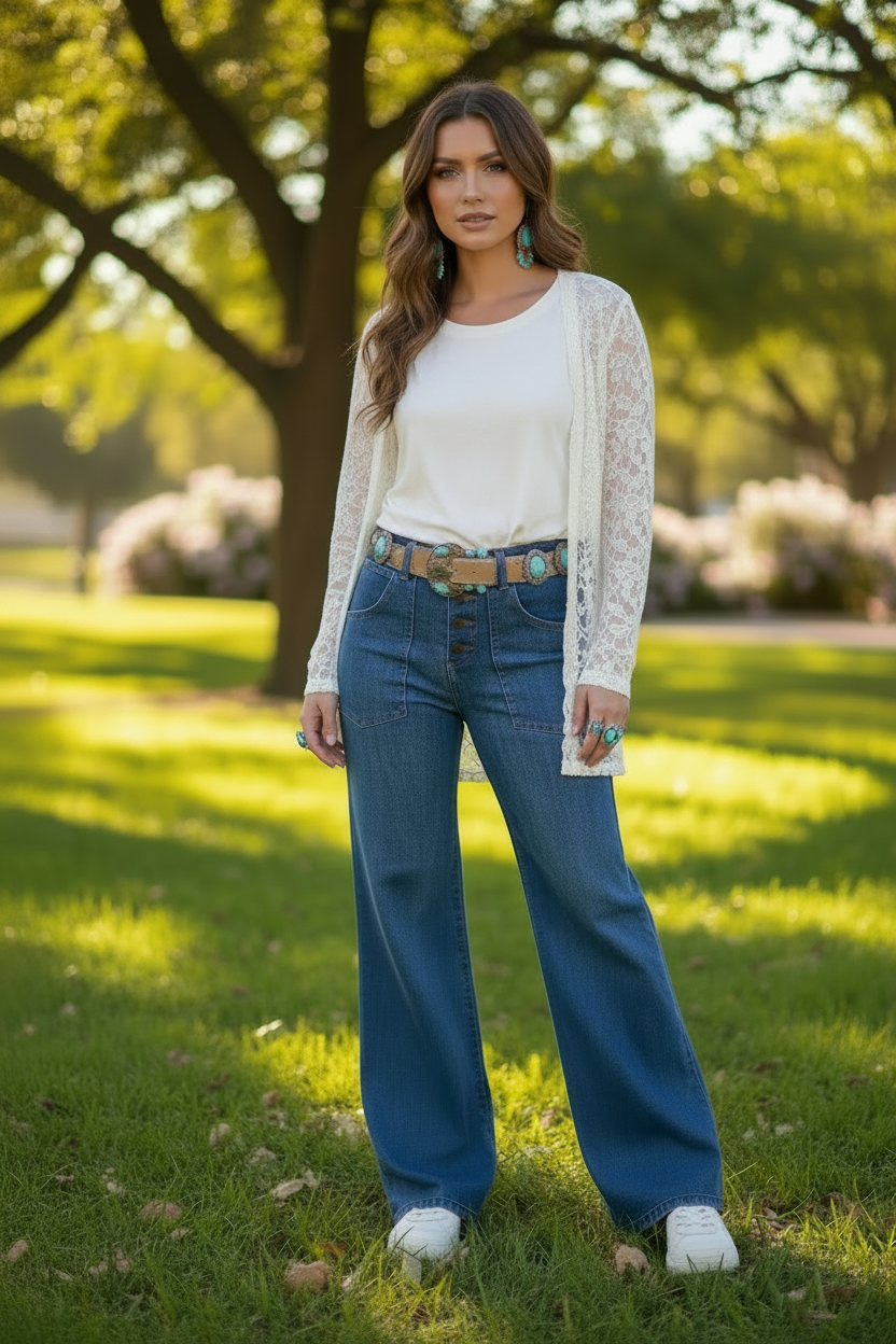 Multi Buttons High-Waisted Wide-Leg Jeans