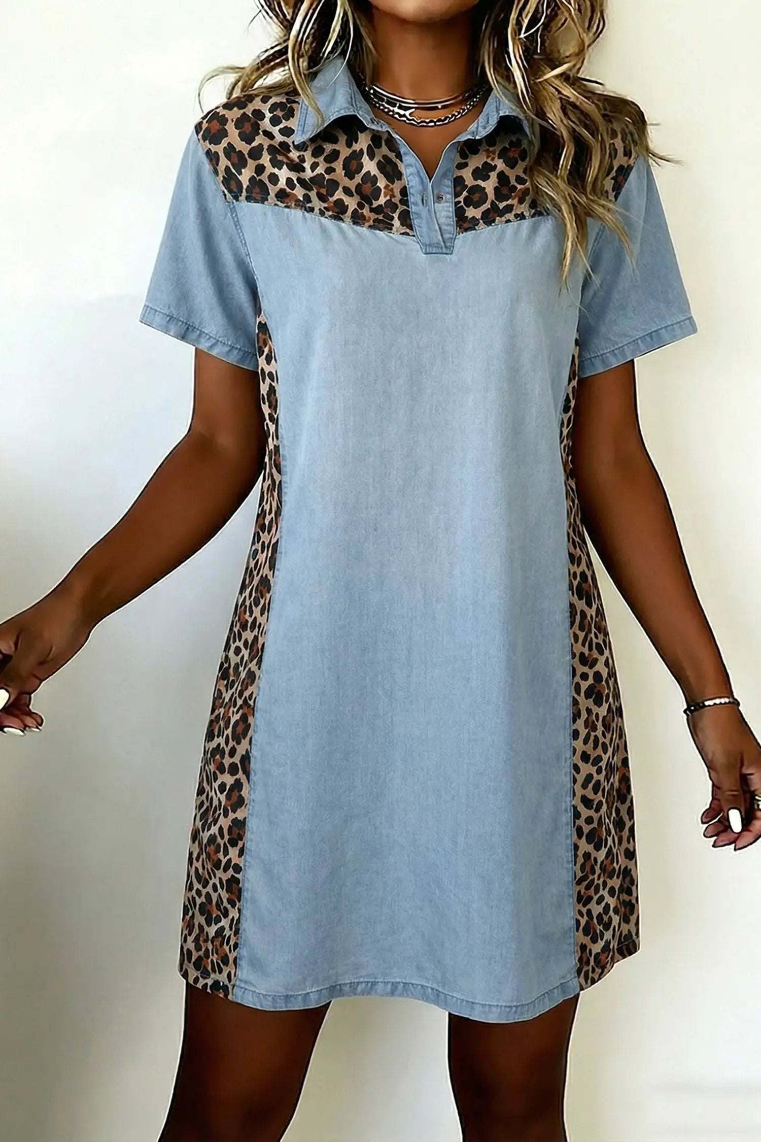 Leopard Print Mini Dress with denim color block and shirt collar