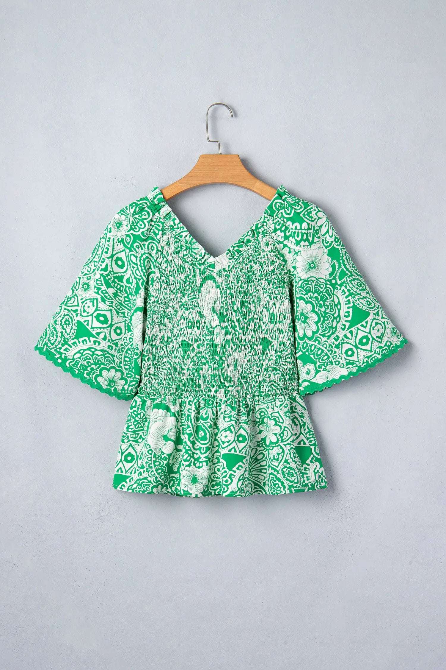 Dear-Lover Dropshipping Green Flirty Floral Smocked V Neck Blouse - Tops/Blouses & Shirts