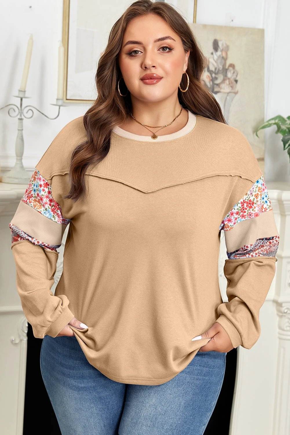 Plus size Mom Confidence top with exposed seam floral boho patchwork and relaxed fit