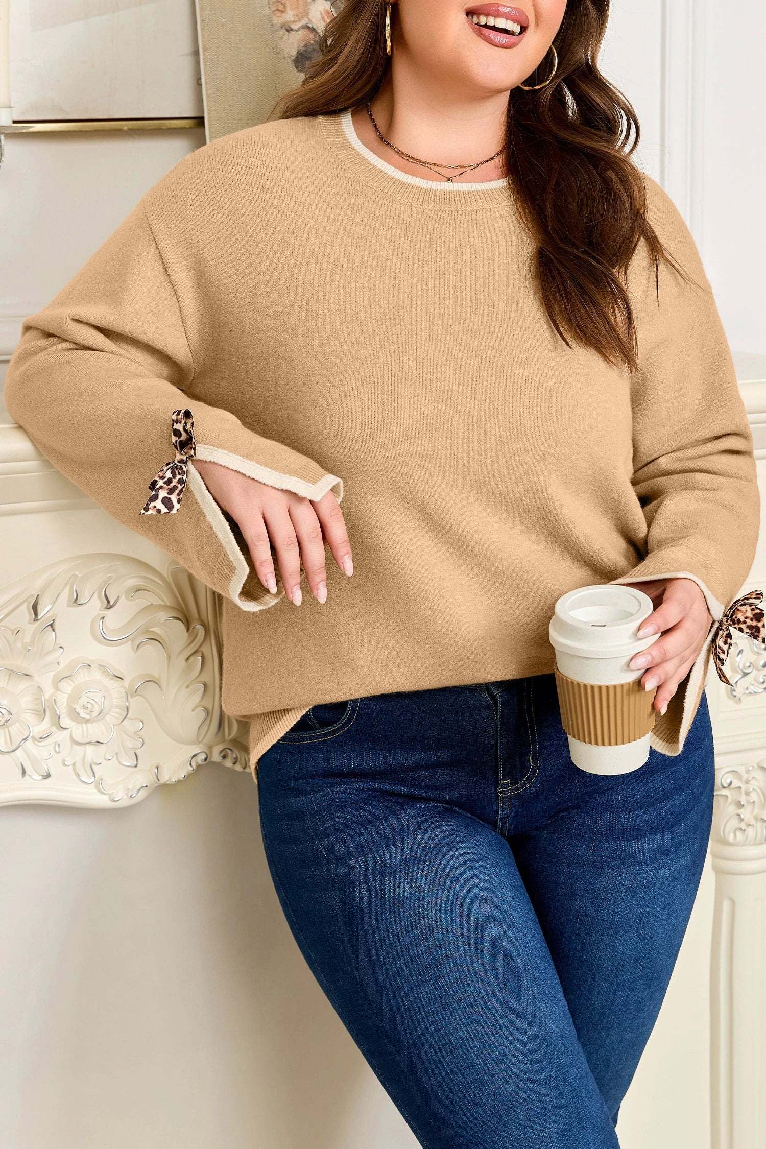 tan plus size leopard bow decor split cuffs loose sweater for women casual everyday outfit