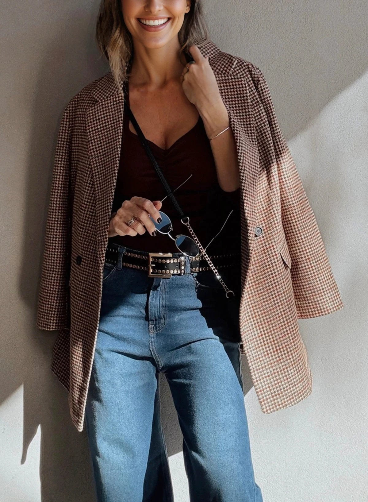 brown houndstooth lapel collar blazer for women casual everyday outfit