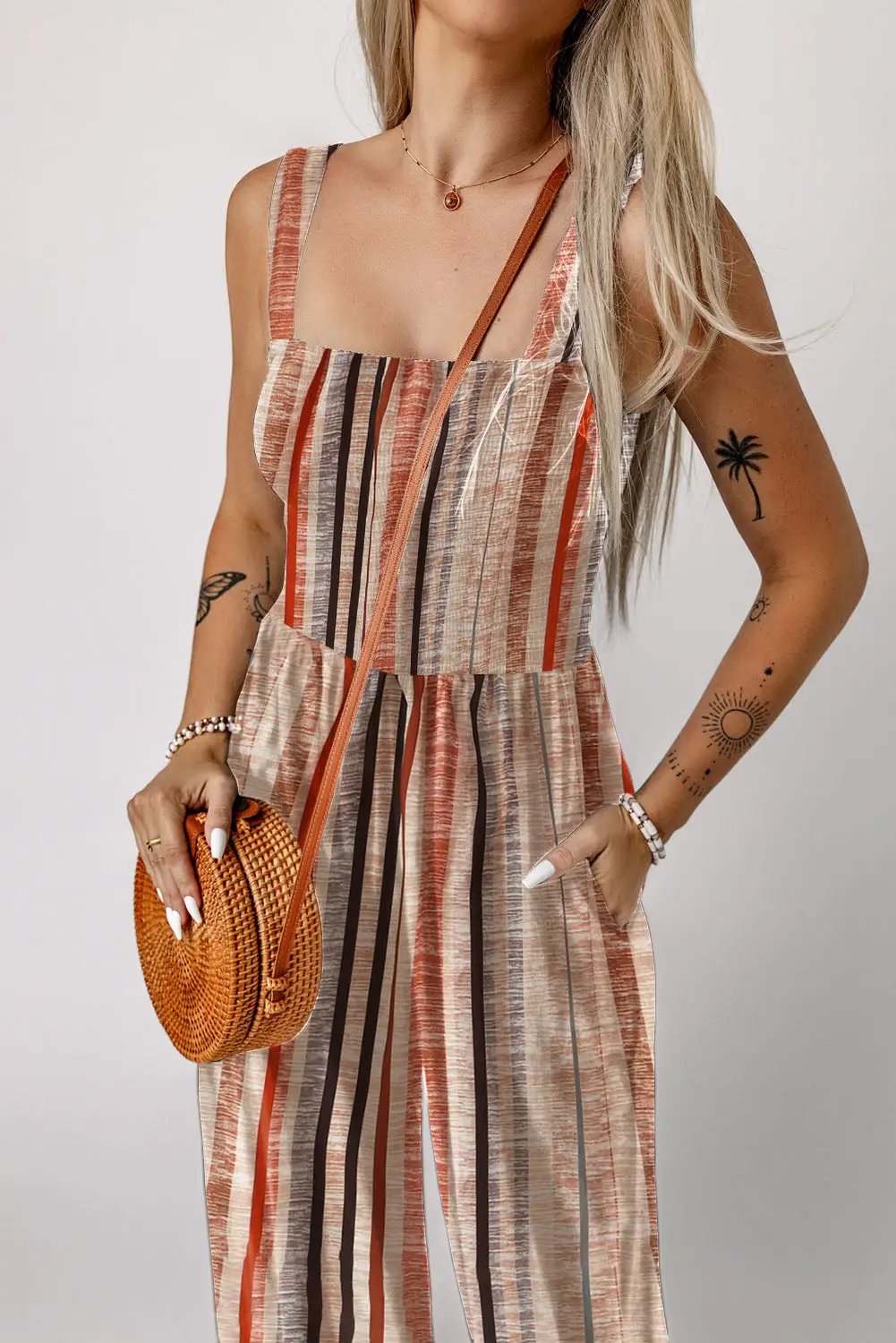 yellow stripe square neck sleeveless smocked bodice wide leg jumpsuit for women casual everyday outfit
