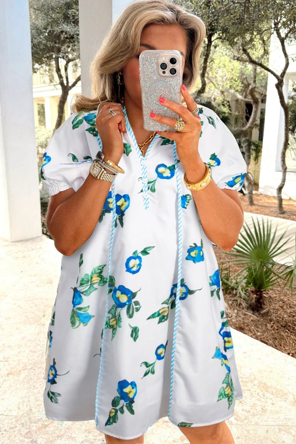 white plus size floral short puff sleeve contrast tie v neck dress for women casual everyday outfit