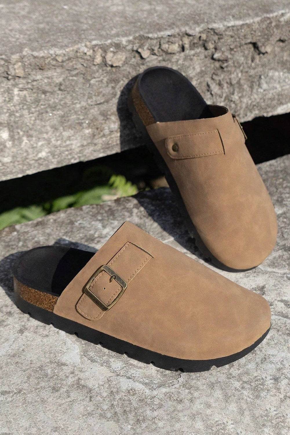 Beige suede buckle detail slippers for women casual everyday outfit
