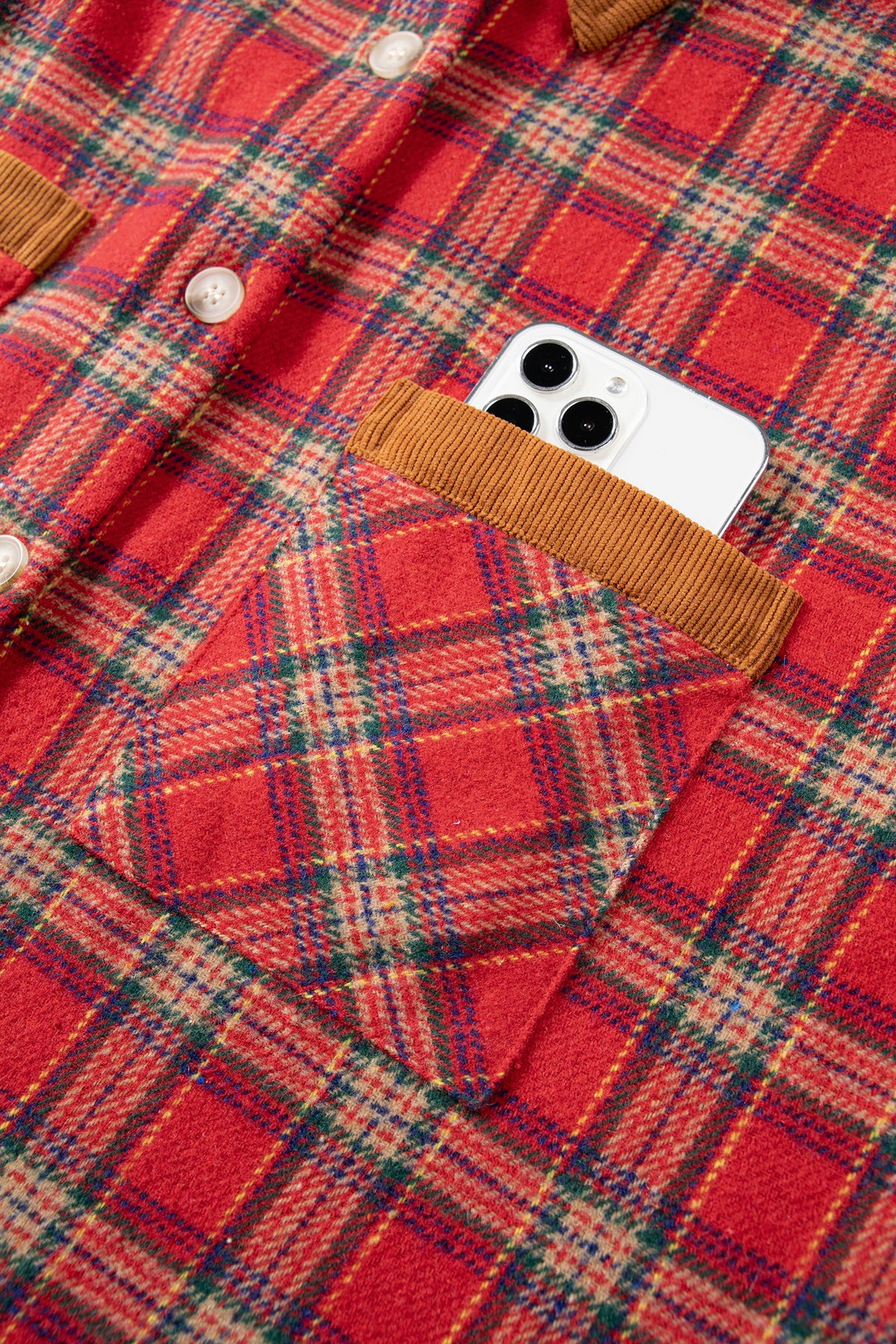 Red Casual Plaid Color Block Collared Button Shacket