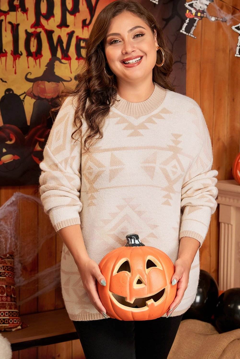 Plus size relaxed knit sweater with Western Aztec print in neutral tones