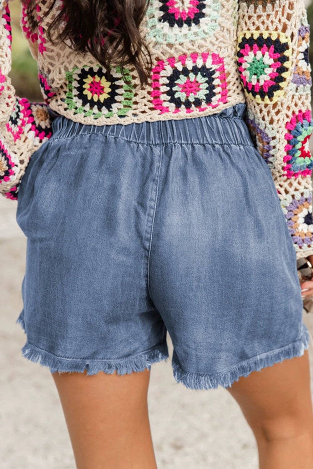 dusk blue raw hem lace-up high waist plus size denim shorts for women casual everyday outfit