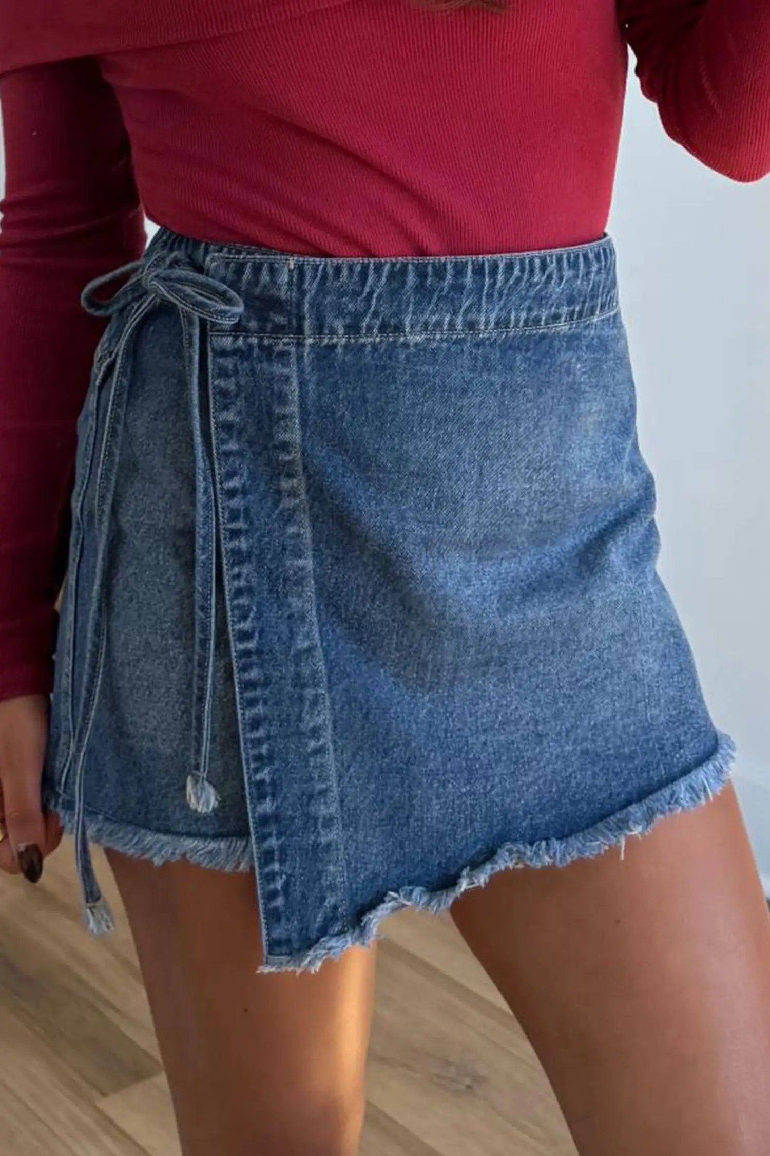 Dear-Lover Dropshipping Ashleigh Blue Wrapped Tied Waist Denim Skort - Bottoms/Skirts & Petticoat
