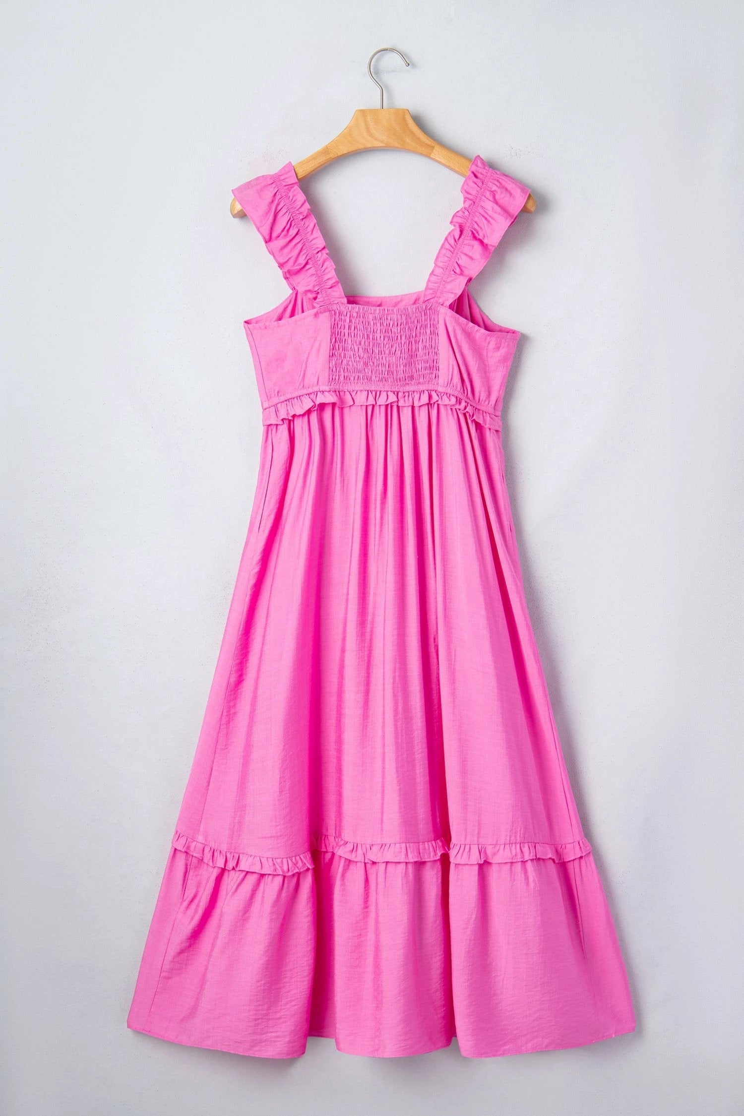 Pink ruffle trim high-waist sleeveless maxi dress from Southern Charm collection in bonbon solid color