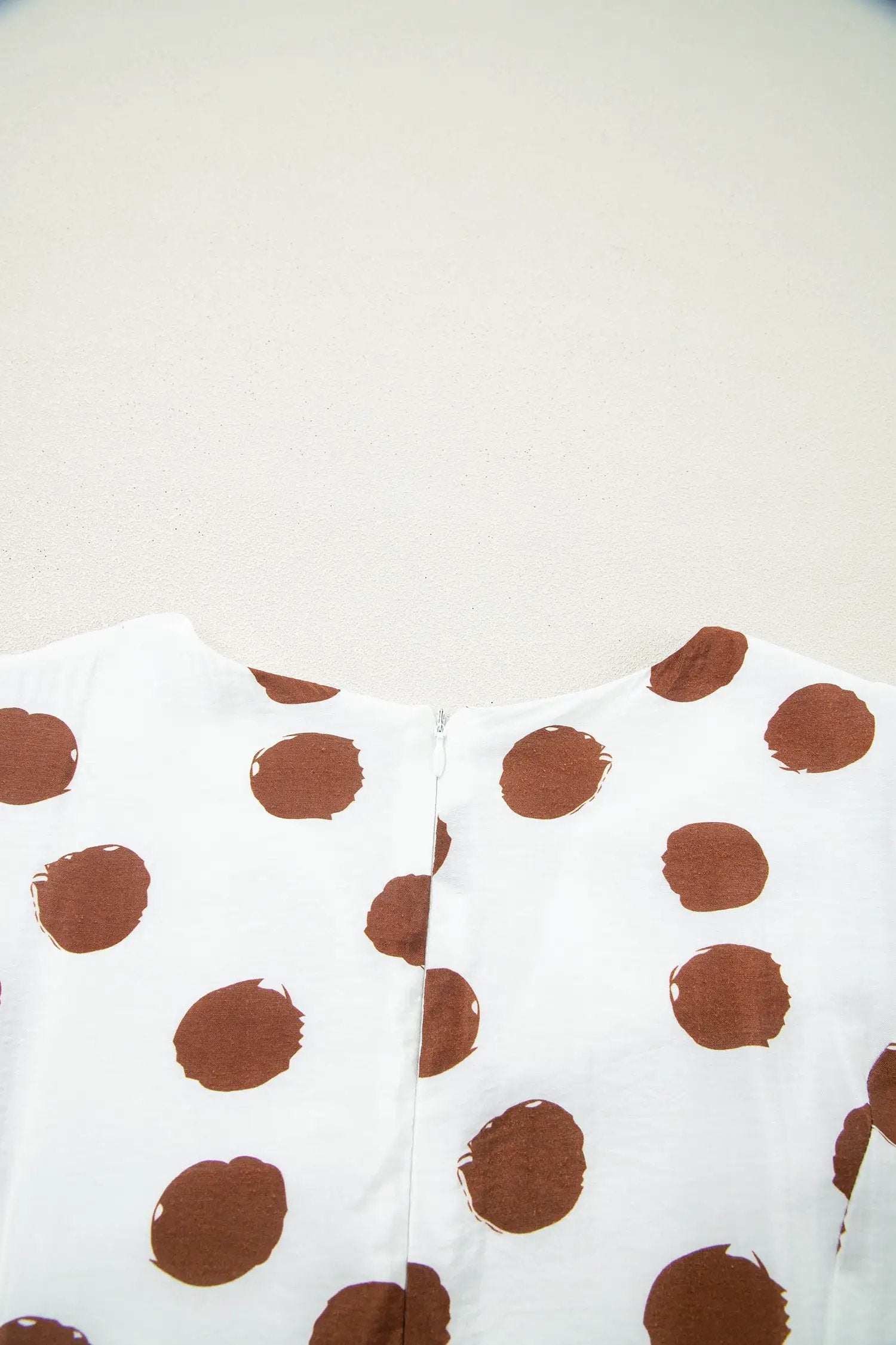 White midi dress with brown polka dots, V-neck, tie waist, and short sleeves – Polka Dot Daydream design
