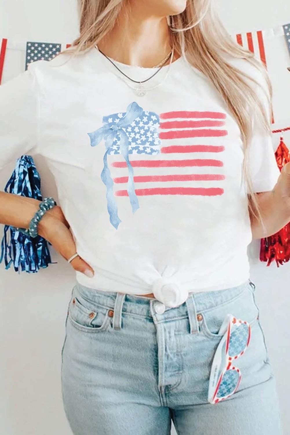 white american flag bow knot print crew neck t shirt for women casual everyday outfit