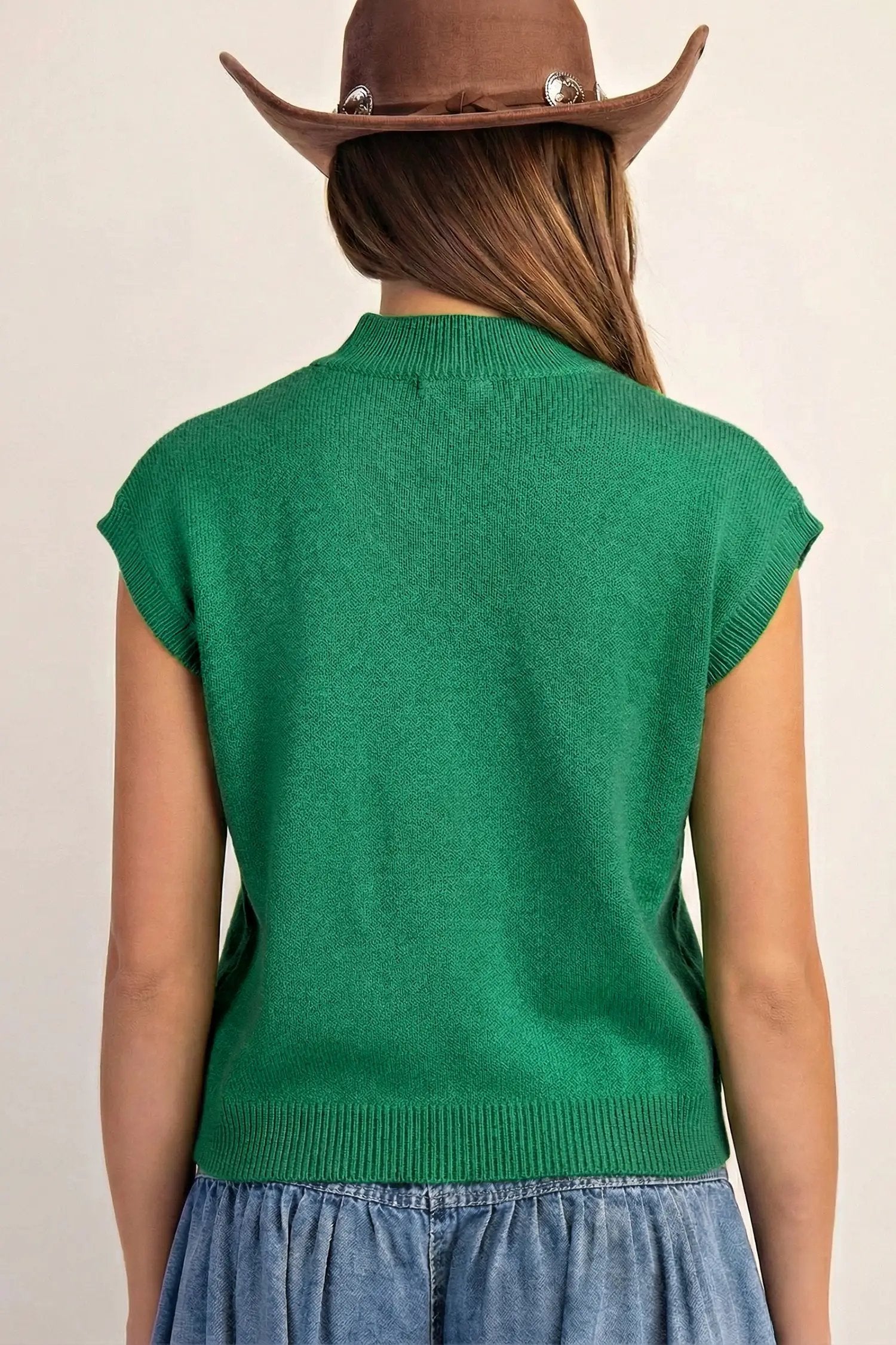 Bright green Western horseshoes ribbed mock neck short sleeve knit sweater with pink embroidery