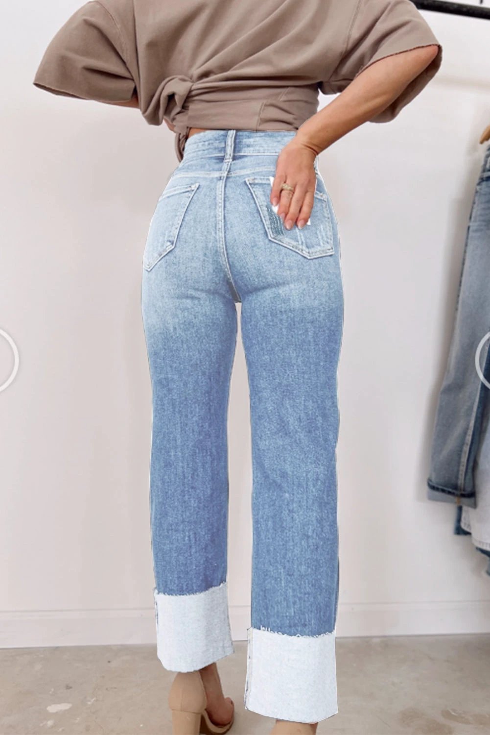 high waist distressed straight-leg jeans